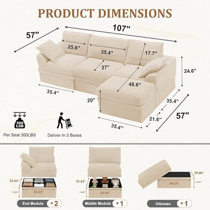 Upgrade Boneless Couch with Storage, Extra Deep&High Seat Modular Sectional Sofa 3 Seater L Shaped Cloud Couch with Ottoman, Tool-Free Assembly Sectional Couches for Living Room, Beige