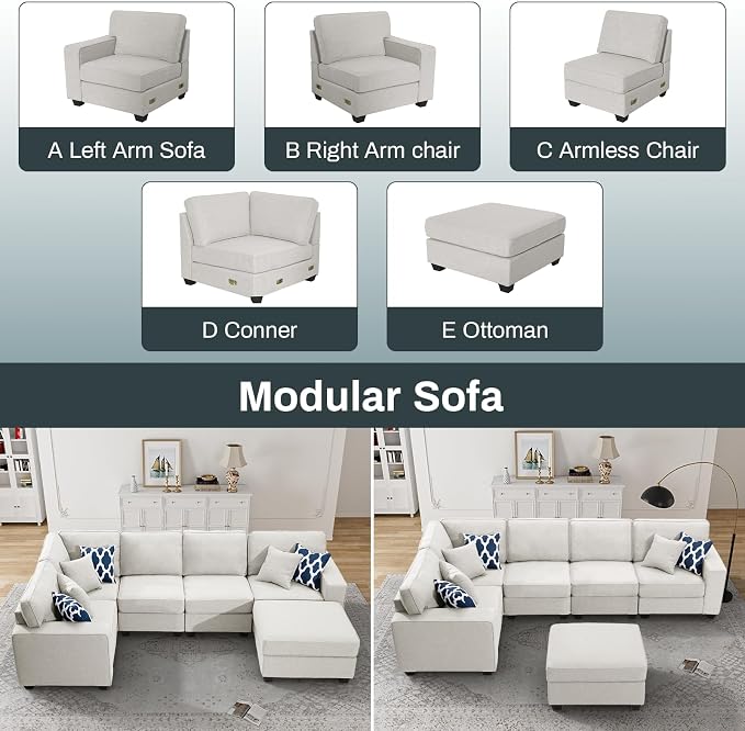 Legend Vansen Oversized Modular Sectional Sofa,U/L‑Shaped Reversible Couch with Ottoman,Deep Seat Plush Polyester Sofa for Living Room,6‑Seater,Cream
