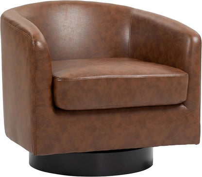 Faux Leather Swivel Barrel Accent Chairs Set of 2, Swivel Club Chair Upholstered Armchair for Living Room, Modern Round Pleather Arm Chair Comfy Single Sofa Bedroom Reading Seat - Coffee