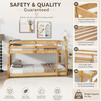 Twin Over Twin Bunk Bed, Low Profile Wooden Frame for Kids Bedroom, Floor Bunk with Ladder and Guardrails, Rubber Wood Construction, 13 Plywood Slats, No Box Spring Needed (Natural)
