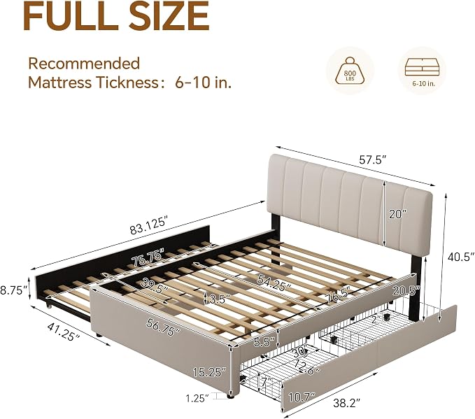 Full Size Upholstered Platform Bed w/Trundle Bed & 2 Storage Drawers | Twin Size Trundle,Two Drawers,LED Lighting Controlled by APP, USB+Type-C Charging Ports, Chenille Upholstered Bed Frame,Beige