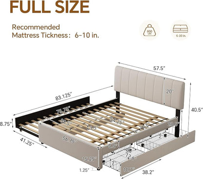 Full Size Upholstered Platform Bed w/Trundle Bed & 2 Storage Drawers | Twin Size Trundle,Two Drawers,LED Lighting Controlled by APP, USB+Type-C Charging Ports, Chenille Upholstered Bed Frame,Beige