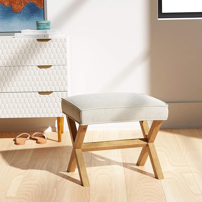 Amazon Basics Small Ottoman Foot Rest, Mid-Century Modern X Square Polyester Foot Stool, Linen, Ivory White, 18" D x 19.8" W x 18.3" H