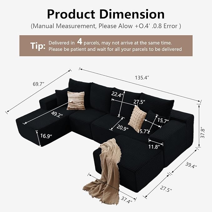 135" Modular Sectional Sofa with U Shaped Chaise, Upholstered Couches for Living Room with Deep Seat, No Assembly Required, Corduroy Cloud Couches, Black (Left-Facing Chaise