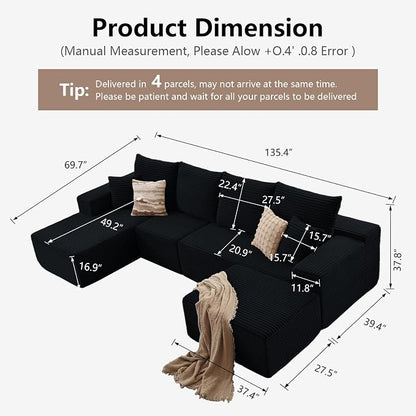 135" Modular Sectional Sofa with U Shaped Chaise, Upholstered Couches for Living Room with Deep Seat, No Assembly Required, Corduroy Cloud Couches, Black (Left-Facing Chaise