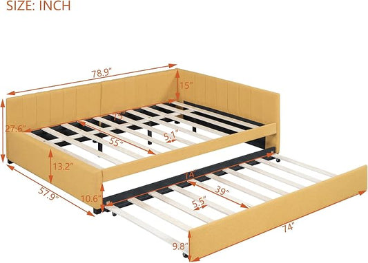 Merax Full Size Upholstered Daybed with Trundle, Yellow Linen Sofa Bed Frame for Bedroom Guest Room, No Box Spring Needed