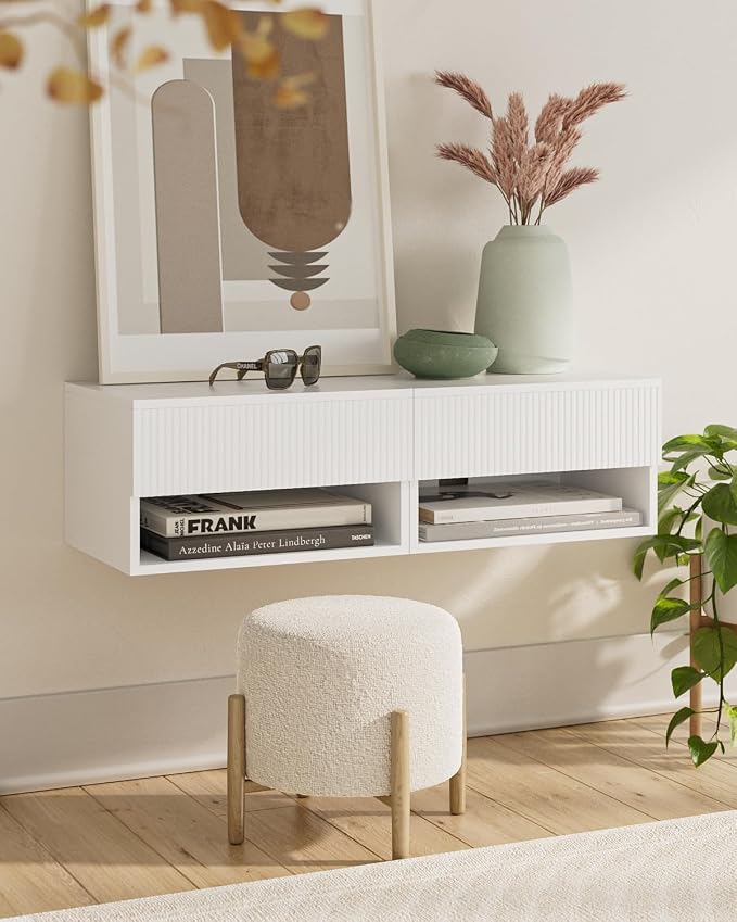 Modern Small Nightstand with Drawer, Floating Shelves for Bedroom, Bathroom (White Stripe)