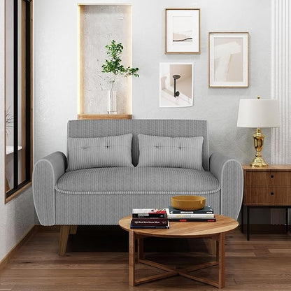 Shintenchi 48'' Loveseat Sofa, Mid-Century Modern Upholstered Couch Deep Seat with 2 Pillows, 10" Thick Cushion with Spring, Solid Wood Frame Small Couch for Living Room, Dorms & Office, Light Grey