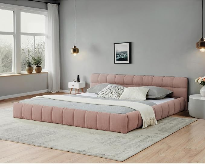 KEIKI California King Thick Chenille Platform Bed Frame with Upholstered Tufted Headboard, Modern Solid Wood Floor Platform for Bedroom, No Box Spring Needed