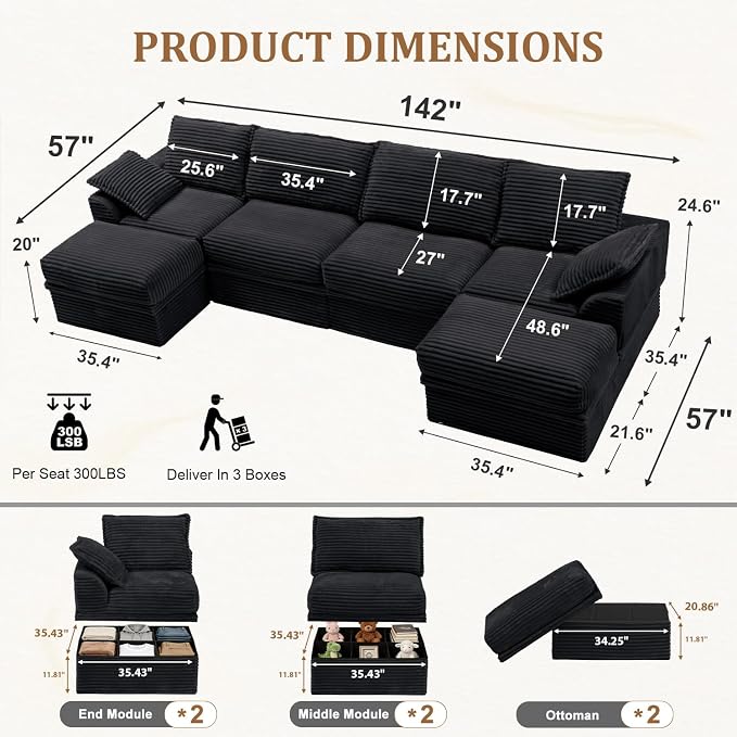 Upgrade Boneless Couch with Storage, Extra Deep&High Seat Modular Sectional Sofa 4 Seater U Shaped Cloud Couch with Ottoman, Tool-Free Assembly Sectional Couches for Living Room