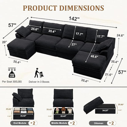 Upgrade Boneless Couch with Storage, Extra Deep&High Seat Modular Sectional Sofa 4 Seater U Shaped Cloud Couch with Ottoman, Tool-Free Assembly Sectional Couches for Living Room