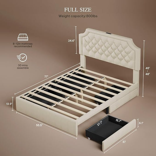 YITAHOME Full Size Bed Frame with Adjustable Headboard, 4 Storage Drawers and Charging Station, Velvet Upholstered Bed Frame with Button Tufted, No Box Spring Needed, Fast Assembly, Noise-Free, Beige