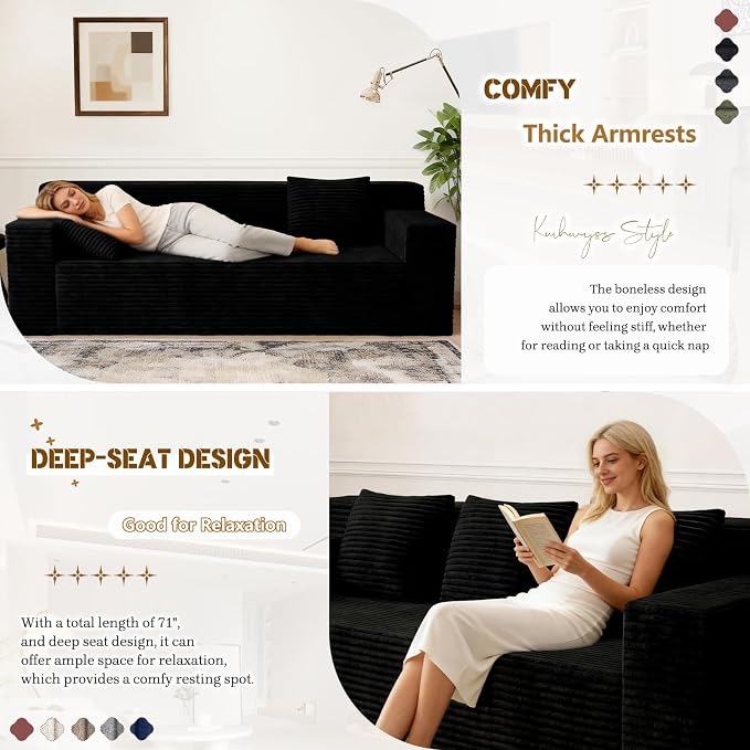 Kurhwyss 71" Corduroy Living Room Sofa, 3 Setaser Deep Seat Couch with 3 Lumbar Pillows, Comfy Boneless Sofa Modern Compressed Couch for Bedroom, Office, Apartment, No Assembly, Flat Armrests (Black)