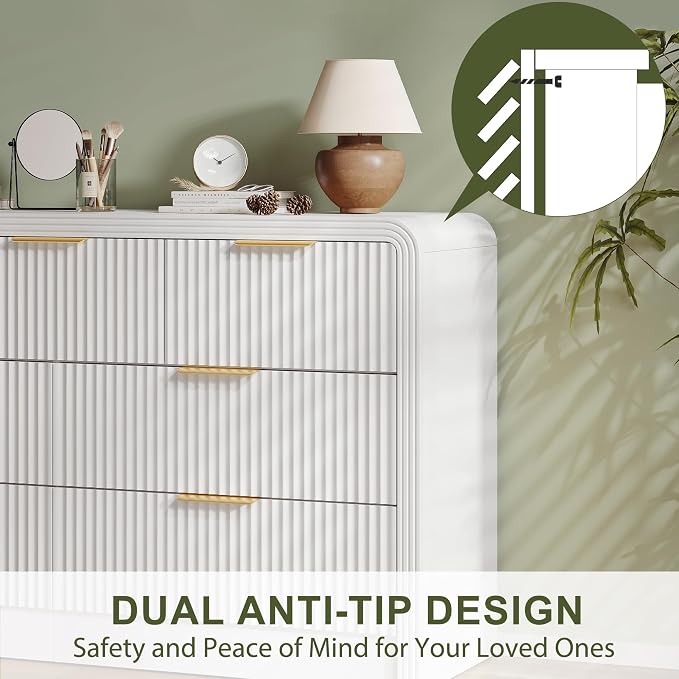 Decofy Fluted Drawers Dresser for Bedroom, Wood Dressers with Gold Handles, Modern Dressers with Wave Texture, Large Storage Chest of Drawers, Bedroom Dresser Organizer 55'' & 7 Drawers ((Pure White)