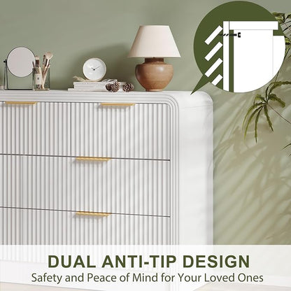 Decofy Fluted Drawers Dresser for Bedroom, Wood Dressers with Gold Handles, Modern Dressers with Wave Texture, Large Storage Chest of Drawers, Bedroom Dresser Organizer 55'' & 7 Drawers ((Pure White)
