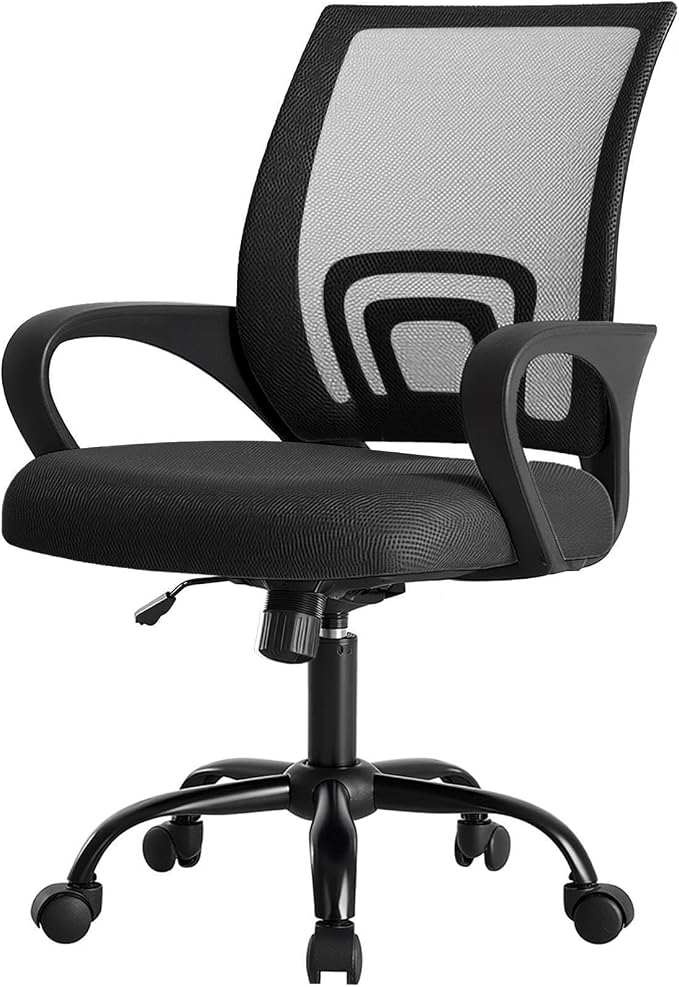 OLIXIS Office Desk Chair - Ergonomic Mid Back with Lumbar Support & Rocking Mode, Height Adjustable with Fixed Armrest, Storage Back for Computer, Gaming, Conference, Meeting, 360° Swivel, Black