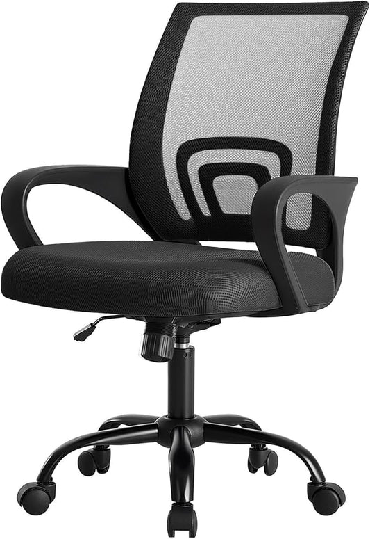 OLIXIS Office Desk Chair - Ergonomic Mid Back with Lumbar Support & Rocking Mode, Height Adjustable with Fixed Armrest, Storage Back for Computer, Gaming, Conference, Meeting, 360° Swivel, Black