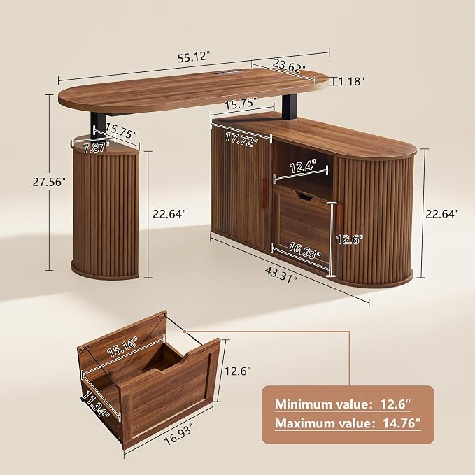 55" L Shaped Standing Desk with Storage, Oval Electric Desk Height Adjustable Executive Desk with File Drawer, Fluted Wood Desk Office Sit Stand up Desk for Work, Study, Writing, Walnut