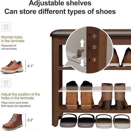 AQIMUELE Shoe Bench with Leather Cushion, 3 Tiers Shoe Storage Bench Height Adjustable, Walnut Wood Entryway Bench for Hallway, Mudroom