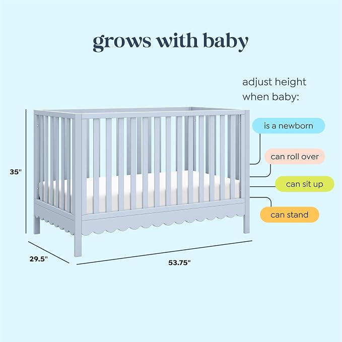 Davinci Sammy Scallop 4-in-1 Convertible Baby Crib, Powder Blue | GREENGUARD Gold Certified, Converts to Toddler Bed & Daybed & Full-Size Bed, 4 Adjustable Mattress Heights - Easy to Assemble