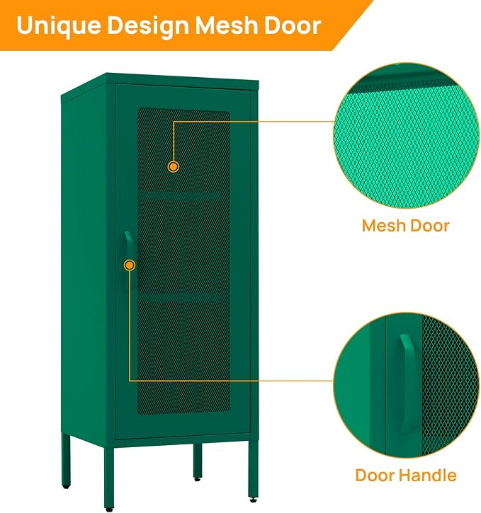Slim Metal Storage Cabinet with Mesh Doors - 42'' Tall Narrow Organizer Tower, Compact Freestanding Cabinet, Versatile Utility Storage for Home, Office, Kitchen, Living Room, Durable and Modern Design