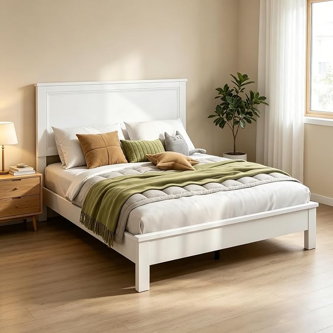 Wood Bed Frames with Headboard, Mid Century Bed Frame with Solid Wood Legs & Wooden Slat Support, Mattress Foundation Bed Base, No Box Spring Needed, (White, Full)