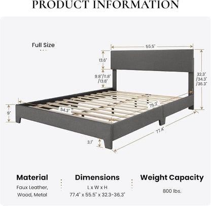 SHA CERLIN Linen Upholstered Full Size Bed Frame with Headboard, Dark Gray | Adjustable Low-Profile Platform Bed, Minimalist Design, Stable Mattress Foundation, Strong Back-Support, No Box Spring Needed