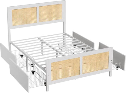 Garvee Rattan Full Bed Frame with LED Headboard (7 Colors), Boho Cane Platform Bed with 4 Large Drawers, Strong Metal Slats Support, Noise Free, No Box Spring Needed, Easy Assembly, White