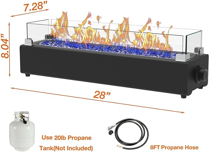28-inch Table Top Propane Fire Pit, 40,000 BTU Tabletop Firepit for Patio, Outdoor Portable Rectangular Fire Bowl w/Wind Glass Shield, Glass Rocks - Black
