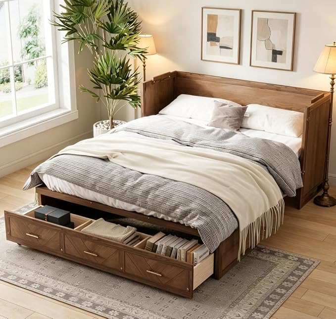 Bellemave Queen Size Murphy Bed with Charging Station and Storage, Farmhouse Murphy Bed with Foldable Panel for Guest Bedroom, Living Room, Office, Light Walnut