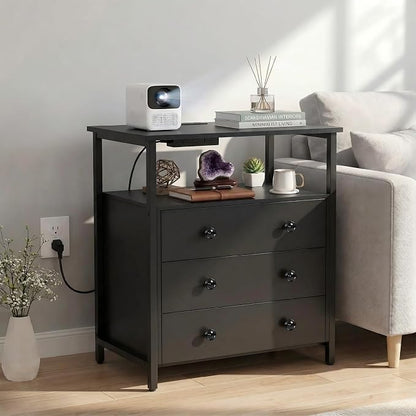Edbuosy 3 Wooden Drawers Night Stand, 27 Inch Wide Nightstand Set 2 with Charging Station and Adjustable Drawers, Small Dresser for Closet, Bedside Table for Living Room/Bedroom/Office, Black