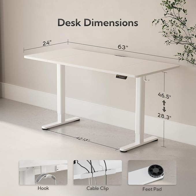 Claiks Electric Standing Desk, Adjustable Height Stand up Desk, 63x24 Inches Sit Stand Home Office Desk with Splice Board, White Frame/White Top