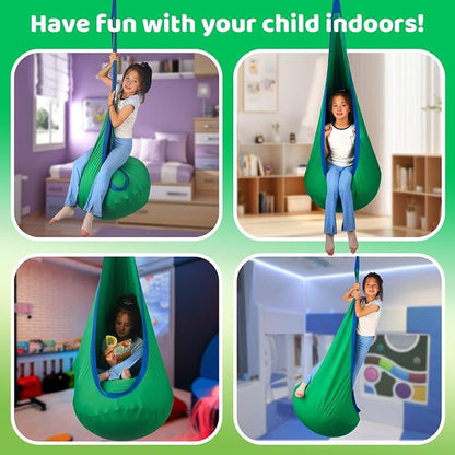 HiCamer Sensory Swing for Kids Indoor and Outdoor Pod Hammock Chair Seat Upgrade Max 300 lbs Hanging Swing with Inflatable Cushion Includes Hardware Hanger Kit for Aspergers Autism ADHD (Green)