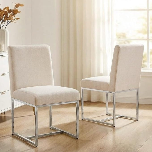 VESCASA Linen Upholstered Dining Chairs Set of 2, Mid Century Modern Padded Chair with Chrome Metal Frame for Restaurant, Dining Room, Kitchen, Cream