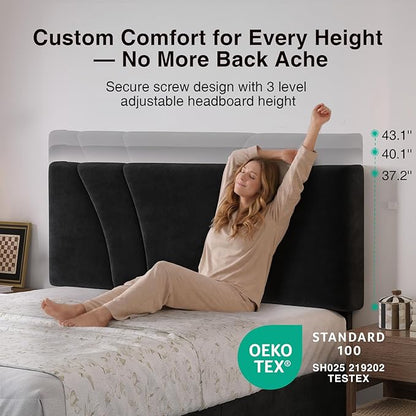 Novilla Queen Bed Frame with Headboard, Queen Bed Frame with Drawers, Queen Bed Frame with LED Lights, Charging Station and Adjustable Headboard, No Box Spring Needed, Black Velvet