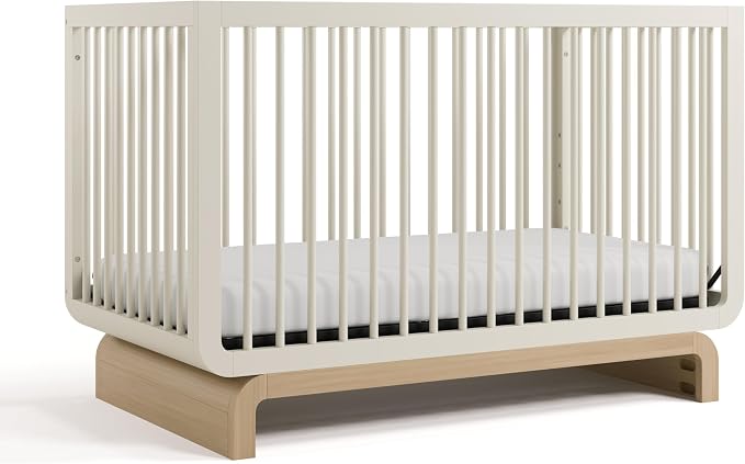 Storkcraft Santorini 5-in-1 Convertible Crib with Toddler Guardrail – GREENGUARD Gold Certified, Conversion Kit Included, 100% Solid Wood, Fits Standard Crib Mattress (Frosted Oat and Driftwood)