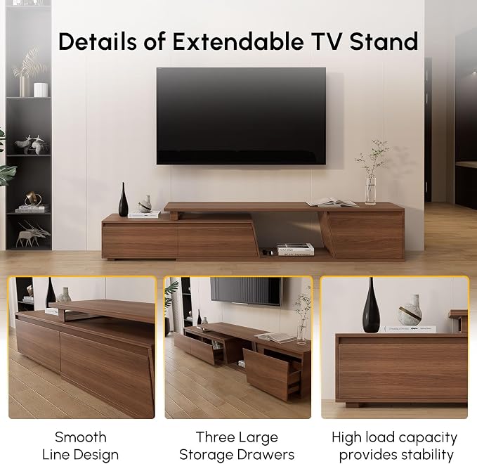 homary Media Console Walnut, Extendable TV Stands for Living Room, Minimalist Entertainment Center with 3 Drawers, Adjustable TV Stand for Up to 110 Inch TVs