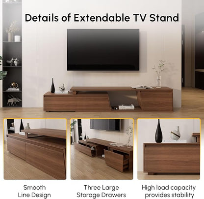 homary Media Console Walnut, Extendable TV Stands for Living Room, Minimalist Entertainment Center with 3 Drawers, Adjustable TV Stand for Up to 110 Inch TVs