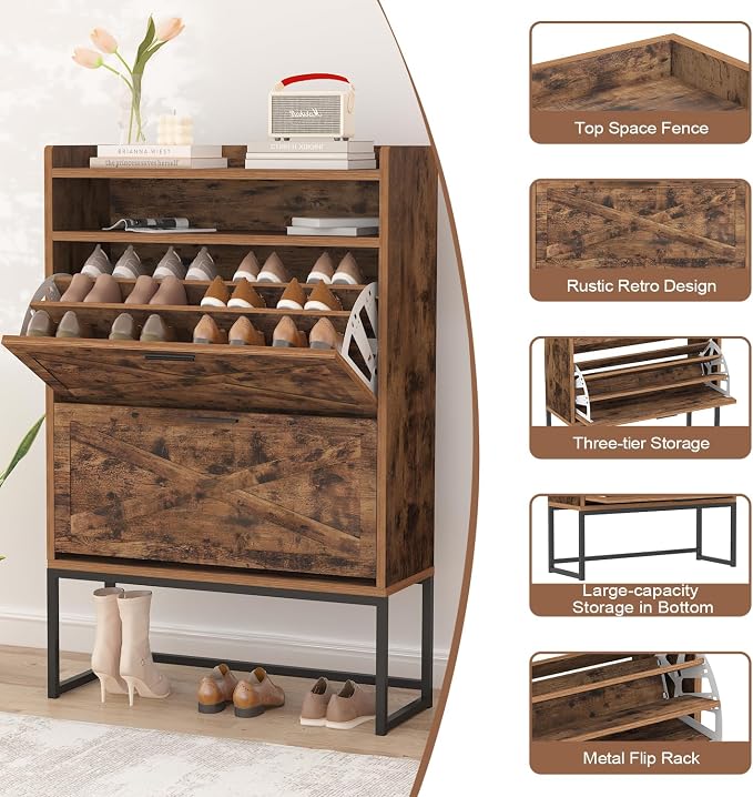 Shoe Cabinet Storage for Entryway, 3 Layers Shoe Cabinet with 2 Flip Drawers, Metal Legs Shoe Storage, Adjustable Shoe Rack Cabinet
