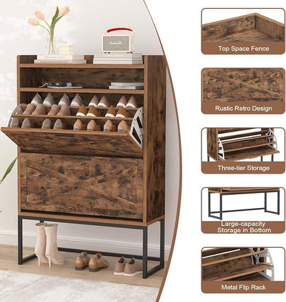 Shoe Cabinet Storage for Entryway, 3 Layers Shoe Cabinet with 2 Flip Drawers, Metal Legs Shoe Storage, Adjustable Shoe Rack Cabinet