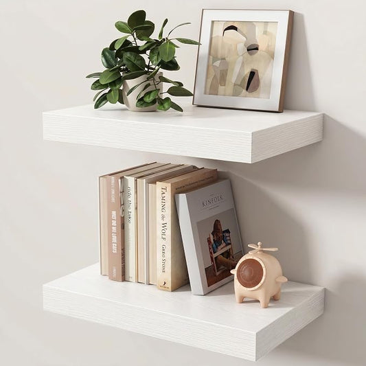 Floating Shelves for Wall, 16 Inch x 8 Inch Deep Wall Mounted Wood Shelf with Invisible Brackets for Storage & Display, Living Room Bedroom Kitchen, White, Set of 2