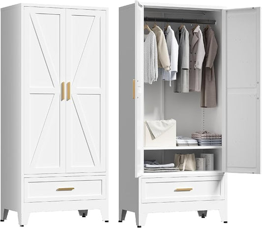 Washsemba 71'' Farmhouse Metal Wardrobe Cabinet with Hanging Rod, 2 Barn Door Wardrobe Closet with Adjustable Shelves,Drawer,for Dining Room,Bedroom,Living Room, Cloak Room,Office (White)