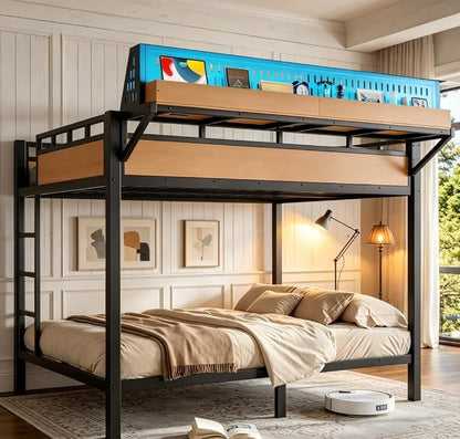 Bellemave Bunk Bed Queen Over Queen，Metal Bunk beds with Storage Shelves USB Ports and LED Lights, Natural