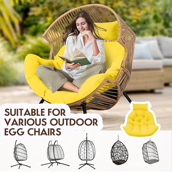 Outdoor Hanging Egg Chair Cushion Replacement, Thicken Egg Chair Cushion Waterproof Basket Eggs Chairs Cushion with Headrest Pillow, U-Shaped Cushions for Hanging Eggs Chairs Swing (Yellow)