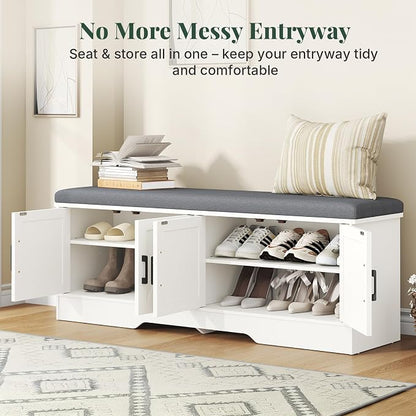 DUMOS 47 Inch Storage Bench, Shoe Organizer Cabinet with Thickened Padded Seat Cushion, Entryway Bench with 4 Doors & Adjustable Shelf for Hallway, Bedroom, Living Room, White