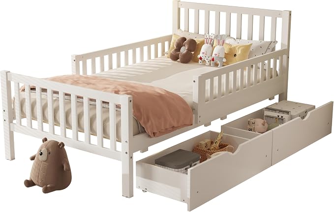 Bellemave Twin Size Kids Platform Bed with Fences and 2 Drawers, Wooden Twin Bed Frame with Guardrails on Both Sides for Boys Girls, White