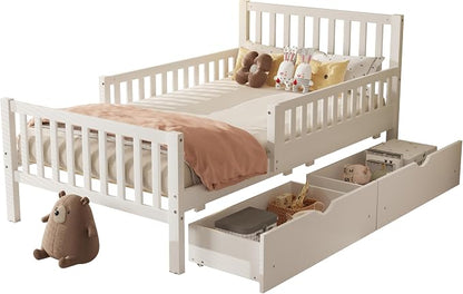 Bellemave Twin Size Kids Platform Bed with Fences and 2 Drawers, Wooden Twin Bed Frame with Guardrails on Both Sides for Boys Girls, White