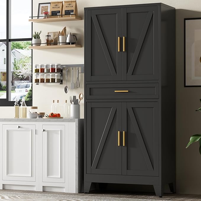 Baborokic 71" Tall Metal Storage Cabinet with Drawer and Adjustable Shelves,Farmhouse Kitchen Pantry Storage Cabinet with Doors,Large Wide Cabinets for Craft Room,Office,Dining Room,Kitchen(Black)