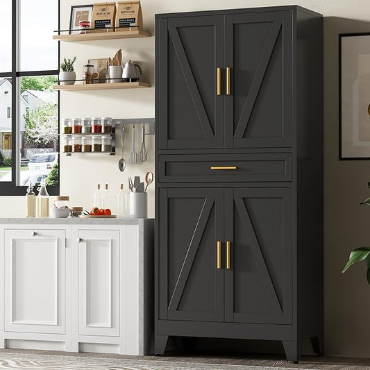 Baborokic 71" Tall Metal Storage Cabinet with Drawer and Adjustable Shelves,Farmhouse Kitchen Pantry Storage Cabinet with Doors,Large Wide Cabinets for Craft Room,Office,Dining Room,Kitchen(Black)