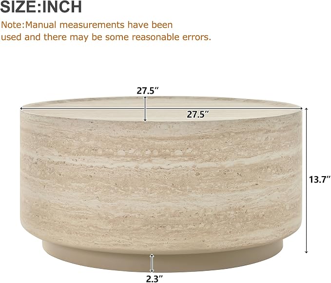 Merax 27.5" Round Coffee Table with Faux Luxury Marble Look, Drum Small Center Table with Strong Structure, Minimalist Mars Pattern End Table for Living Room, Bedroom, No Assembly Required, Beige